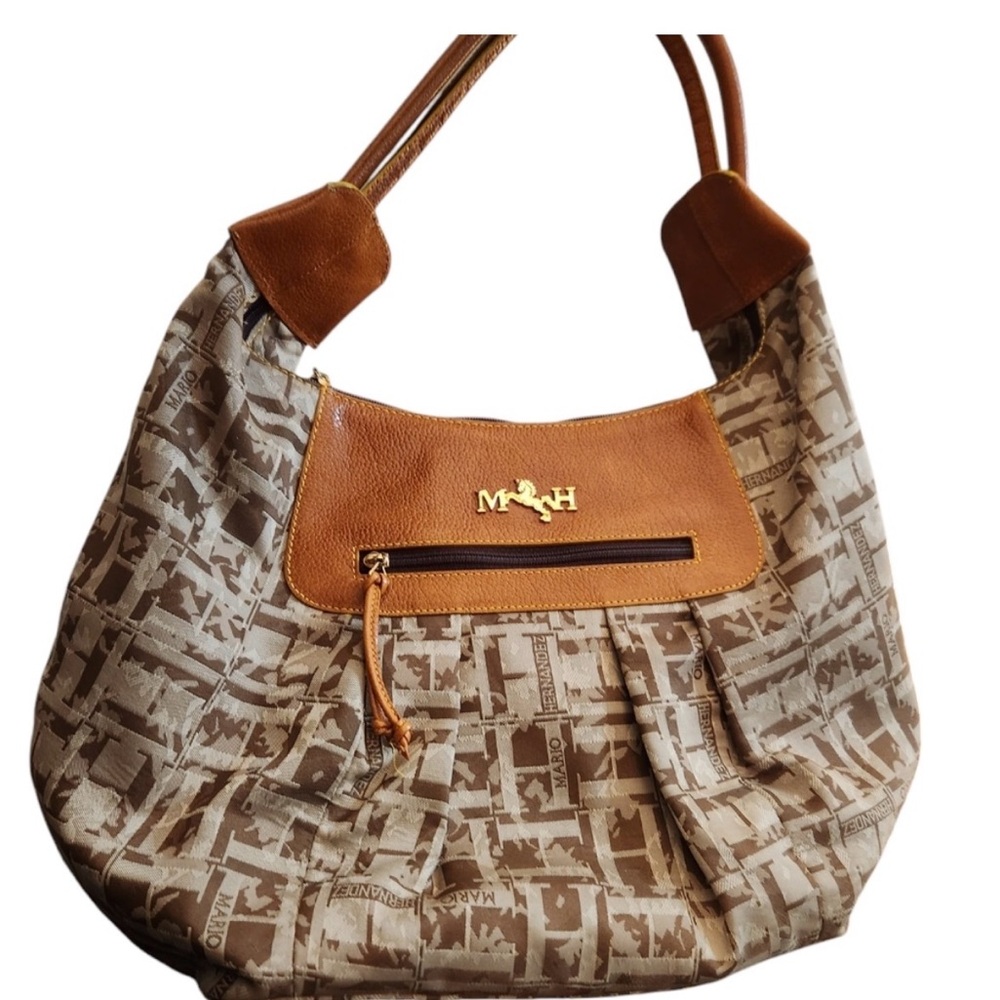 Mario Hernandez Brown and Beige Logo-Accent Shoulder Bag